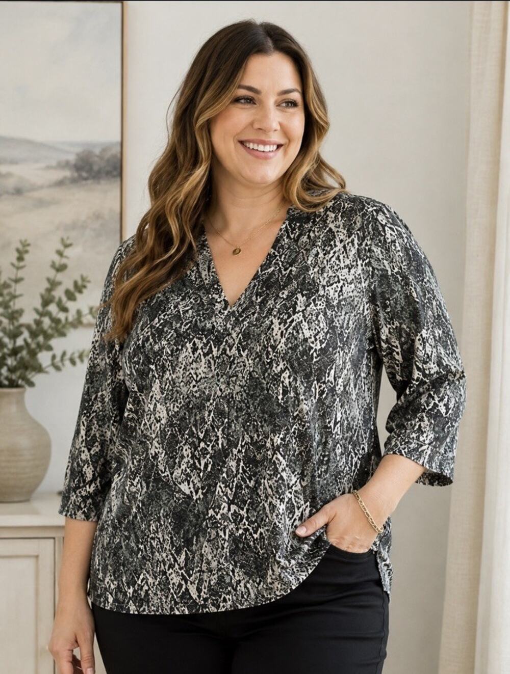 Dana Buchman Women’s 2X Reptile Snake Print 3/4 Sleeve Blouse Gray Green Beige